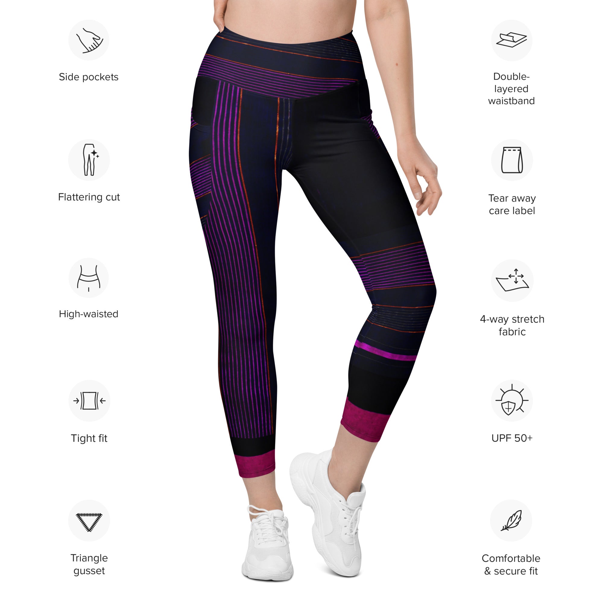 Black Gym Leggings with Pockets. Purple Pin Stripes Dance Leggings. Crossover Waist Yoga Pants. "Peppermint" by WickedYo.